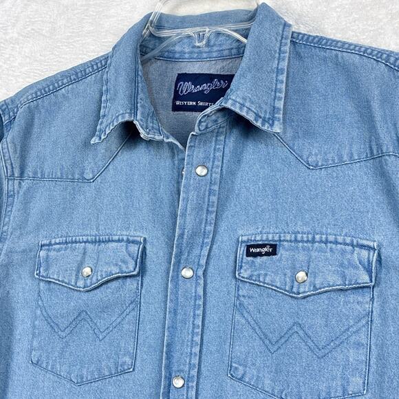Wrangler Mens XXL Blue Heavy Thick Denim Pearl Snap Western Cowboy Rodeo Shirt - Picture 2 of 9